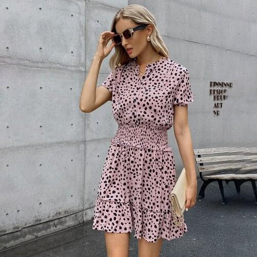 Elegant Women Short Sleeve Summer Mini Dress Fashion Print Ruffle Single Buttons Slim Dresses For Woman Office Ladies Dress 2021