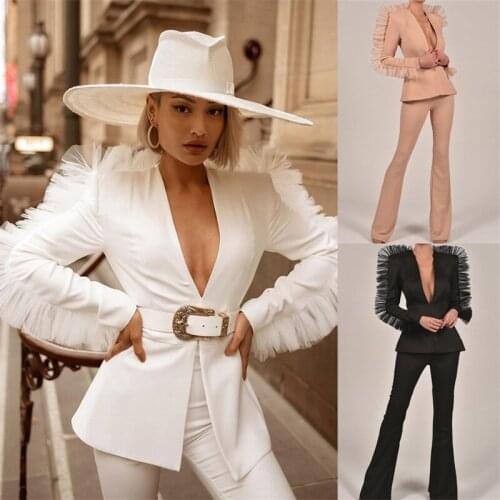 Newest Style Women Suits 2 Pieces High Quality Party Suit Deep V Neck Fashion Real Image Coat+ Pant