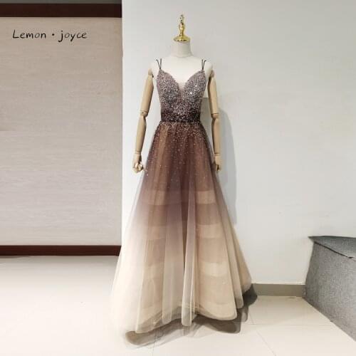 Lemon Joyce Brown Evening Dresses 2021 Spaghetti Strap V-Neck Beading A-Line Formal Evening Gowns Lace Up Back