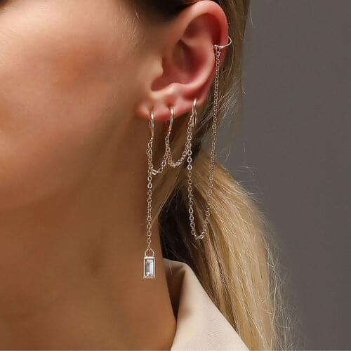 Modyle Fashion Tassel Geometric Small Earrings small Square Crystal Earrings for Women Ear Cuff Jewelry Punk Earring Set