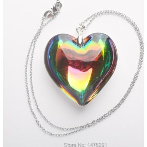 Charming AB Multi-Color Crystal Glass Heart Bead Pendant & Chain Necklace 18"L