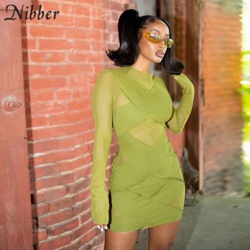 Nibber Autumn Y2K Solid O-neck Long Sleeve Mesh Patchwork Mini Dress Women Sexy Hollow Out Elegant Bodycon Party Clubwear