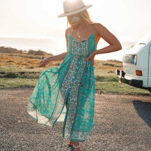TEELYNN green rayon floral print Midi Summer Dresses vestidos Sleeveless Strap vintage 2020 Boho beach Casual long Dress Women
