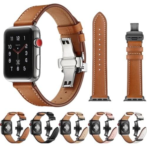 Genuine Leather Butterfly buckle for iwatch series SE 6 5 4 3 2 1 44mm 40mm Strap for Apple Watch Band 38mm 42mm Watchband