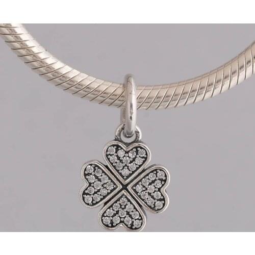 S925 DIY Jewelry Lucky In Love Petal Dangle Charm fit Lady Bracelet Bangle Pave Clear CZ