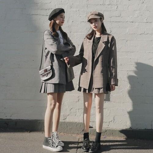 2021 spring autumn blazer suits Korean plaid suit jacket preppy style suit coat + pleated skirt two-piece sets Japan streetwear