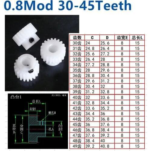 Convex step pom 0.8 mod 30t/31t/32t/33t/34t/35t/36t/37t/38t/39t/40t/41t/42t/43t/44t 45t teeth plastic plastic nylon gear