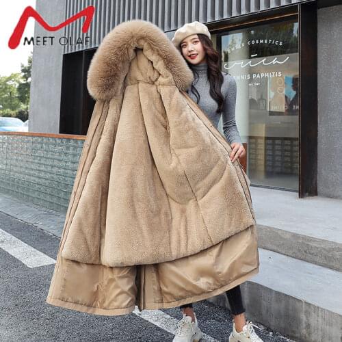 -30 degrees Womens Winter Jacket Hooded X-Long Thick Warm Cotton Padded Parkas Wool Liner Distachable Plus Size Jackets Coat