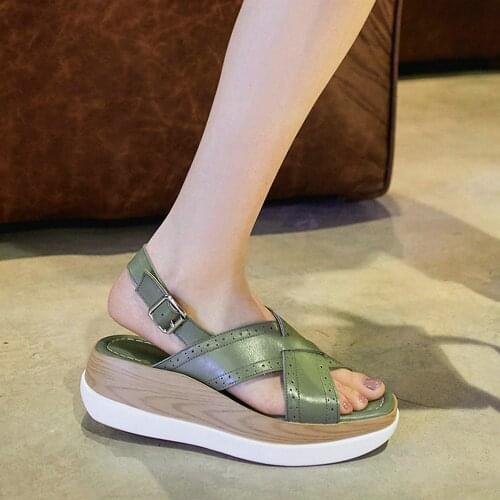 EshtonShero Sandals Cow Leather Wedge Med Heels Women Pumps Slingback Round Toe Ankle Strap Summer Yellow Ladies Shoes Size 3-8