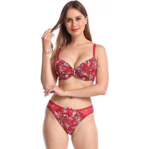 TJ-TianJun Women Printed Bra Suit Sexy Deep V C cup Detachable Adjustable Shoulder Strap Bra Soft Brathble Briefs Underwear Sets