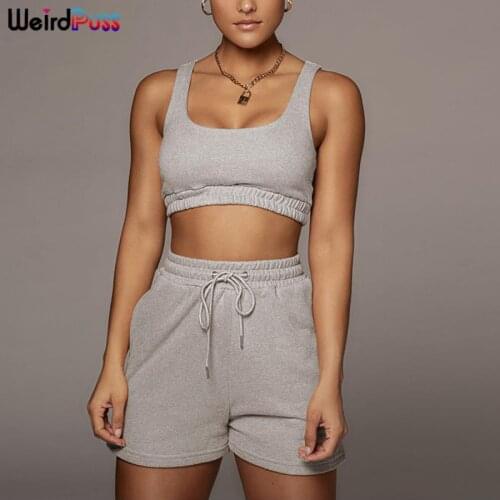 Weird Puss Tracksuit Women Casual Cotton Fitness Two Piece Sets Top And Drawstring Shorts Sportwear Stretchy Trend Summer Outfit