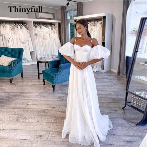 Thinyfull Sparkly A Line Long Wedding Dress Shinny Sweetheart Spaghetti Strps Short Sleeves Bride Gowns Glitter Bridal Dress