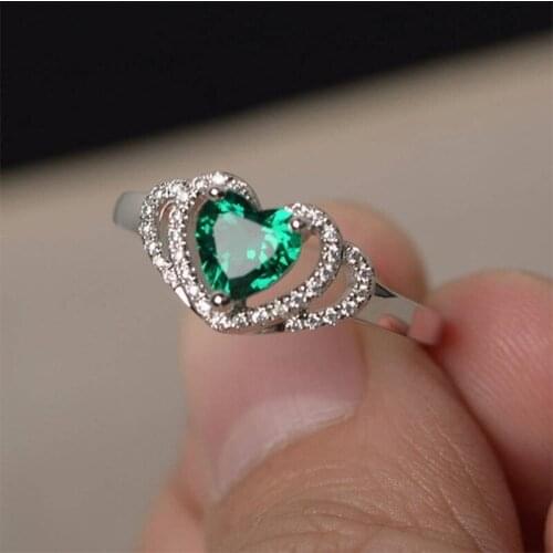 Twinkle Green Stone Heart-shaped Cubic Zircon With White Crystal Wedding Ring for Women Party Ring Accessories Wholesale Jewelry