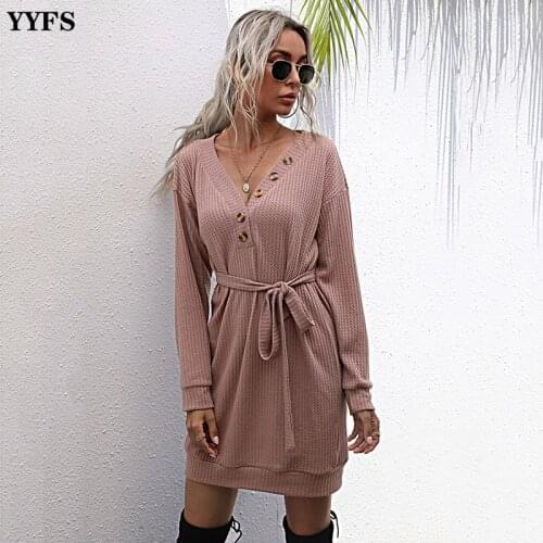 YYFS OL Commuting Womens Dress 2020 New V-neck Solid Color Long Sleeve Knitted Dresses Sexy Receive Waist Lacing Woman Dress