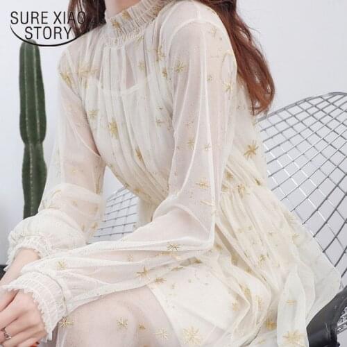 2021 Spring New Midi Party Dress Star Moon Embroidery Dress Women Printing Mesh Puff Sleeve Long Dress Stand Collar Elegant