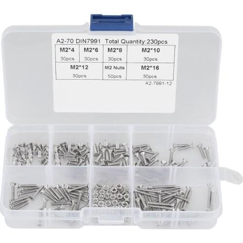 230pcs M2 304 Stainless Steel Flat Head Bolt Screws Nuts Assortment Kit with Box