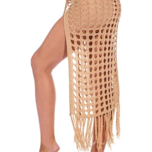 40GC Women Summer Sexy Hollow Out Mesh Beach Long Skirt Crochet Tassels Split Bikini Swimsuit Cover Up Sheer Wrap Sarong