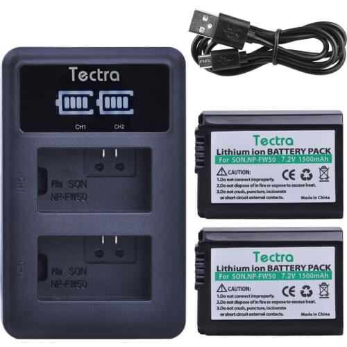 Tectra 2Pcs NP-FW50 NPFW50 Battery+LED Display USB Dual Charger for Sony Alpha a5000 a6000 Alpha 7 a7II Alpha 7R NP FW50 Battery