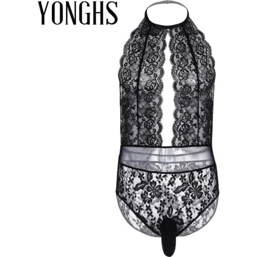 Mens Lingerie Sissy for Crossdressing Floral Lace Halter Neck Cut Out Front Erotic Sexy Sissy Pouch Bodysuit Nightwear Sleepwear