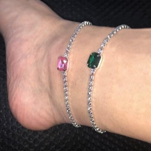 Stonefans Square Green Pink Crystal Ankle Bracelet Leg Bohemian Jewelry Summer Beach Rhinestone Tennis Chain Anklet Foot Jewelry