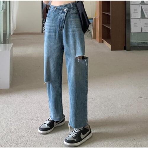 Summer Autumn High Waist Retro Button Harem Pants Women Trousers Blue Hole Loose Clothes Pleated Formal Streetwear