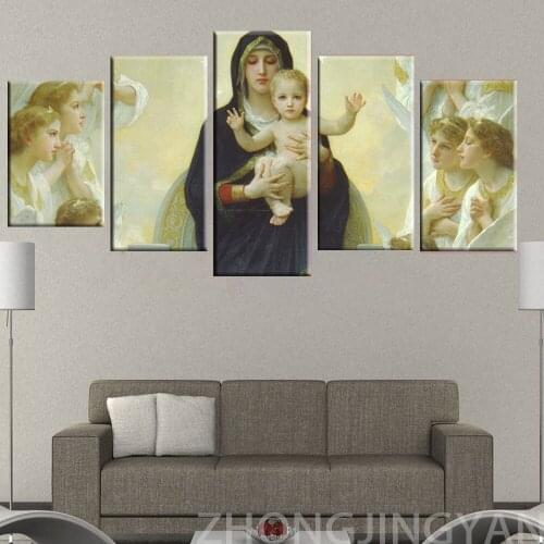 Virgin Mary Jesus Wall Art Religious Oil Canvas Painting Poster 5 Panel HD Print for Bedroom Living Room Library Office Home Dec
