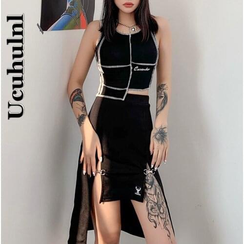 Gothic Women Harajuku Metal Patchwork High Waist Skirts Streetwear Punk Black Skirt Y2K Goth Bodycon Sexy High Slit Skirts