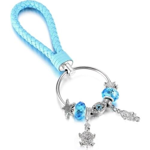KEORMA 2018 New Lovely Tortoise Pendant & Blue Crystal Charms Beads Key Chain Boutique Handmade Charms Key Chain for Women Gift
