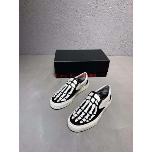 Classic Slip On Silhouette Leather Skeleton Applique Canvas Construction Hand-cut Sewn Leather Bone Applique Skel Toe Shoes