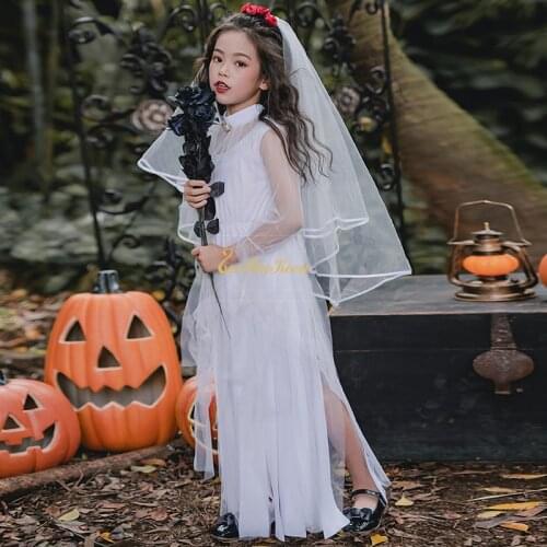 Ghost Bride Costume Bride Zombie Dress Halloween costume for kids Girls Black white Witch Costume Dark Devil Ghost Bride Dress