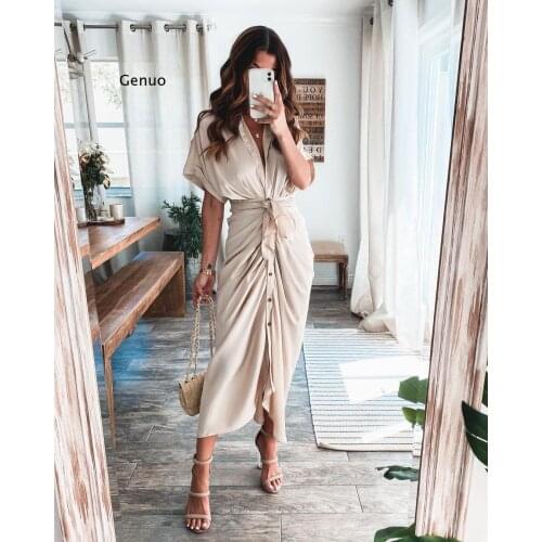 Fashion Turn-down Collar Draped Party Dresses Elegant Button Office Ladies Shirt Dress Women Summer Short Sleeve Slit Long Dress