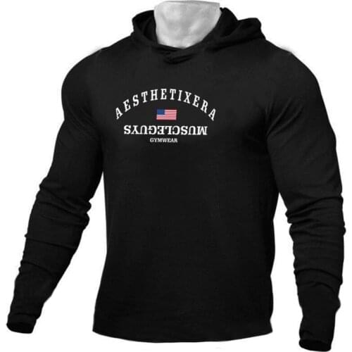 Muscleguys Autumn New Long Sleeve T-shirt Men Gym Clothing Sportswear Hoodies Cotton Bodybuilding and Fitness Tshirt Plus Size