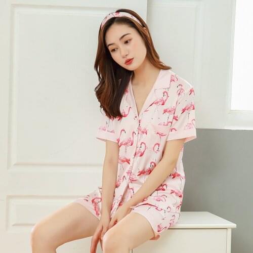 New Summer Fashion Cute Printing Pajamas Sexy Short Sleeve Shorts Pajama Set Rayon Loungewear Sleepwear Satin Home Clothes
