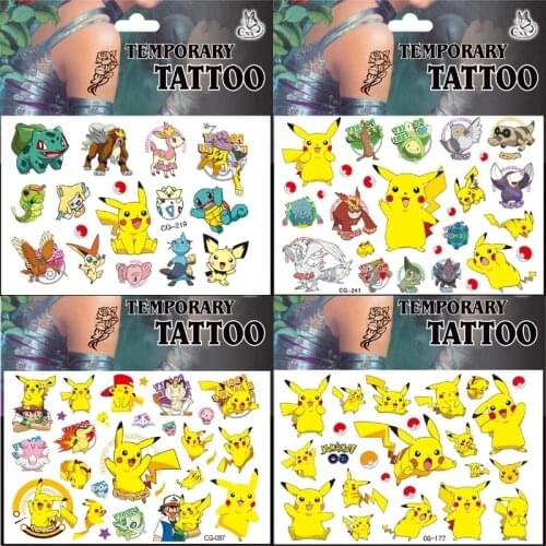 New Pokemon Pikachu Anime figure Kawaii Cartoon toys Stickers Tattoo sticker Boys Children birthday party toy Kids Gift