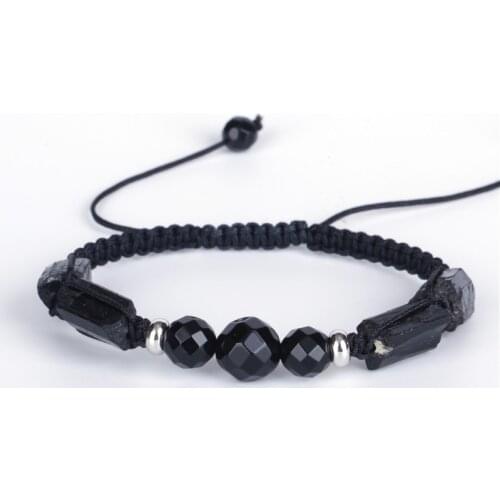 Couple Unisex Bracelet Semi Precious Mineral Healing Stone Bead Black Healing Rough Tourmaline Charms Faceted Onyx Adjustable