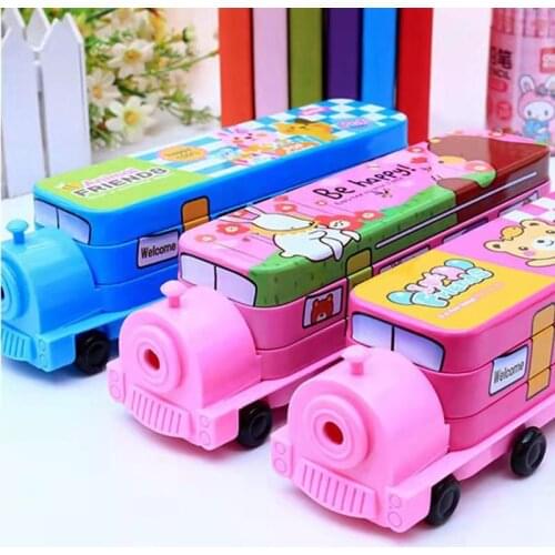 Tinplate Stationery Box Boys and Girls Multi-function Cute Train Pencil Box Pupils Korean Creative Stationery Box