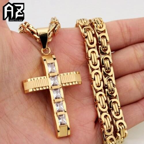 AZ Hip Hop 316L Stainless Steel Cross Pendants Necklace With Byzantine Chain For Male Jewelry Gold Color Women Accessories