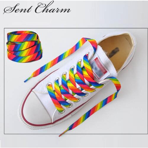 SENTCHARM 1pair New Style Rainbow Colorful Flat Shoelaces Fashion Shoestrings For Casual Shoes Off Shoes