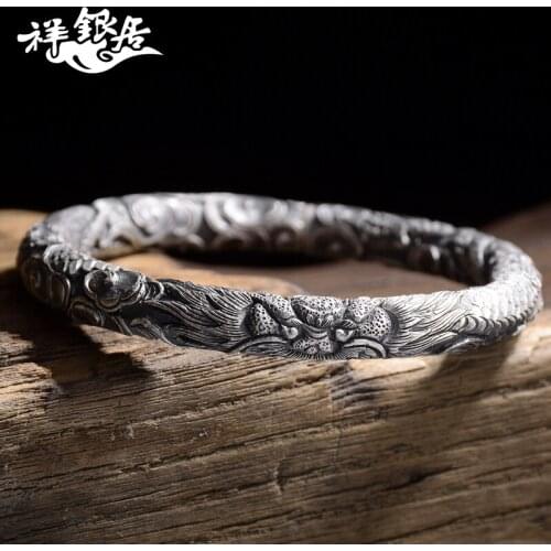 Handmade silver bracelet in yunnan dragon carved reliefs full men restoring ancient ways is mens silver bracelet
