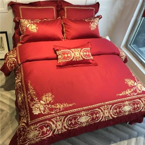 Luxury Golden red 100S Egyptian cotton Embroidery Bedding sets Queen King Royal Duvet cover Bed sheet set Pillowcases 4/6pcs
