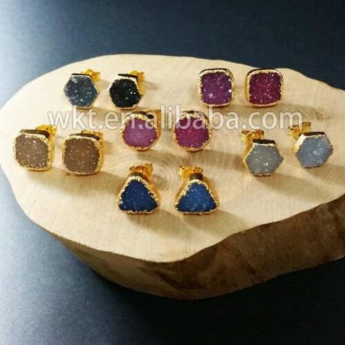 WE-E125 Wholesale Custom Lovely earring 24k gold strim natural druzy stud triangle square cube stub colorful earring