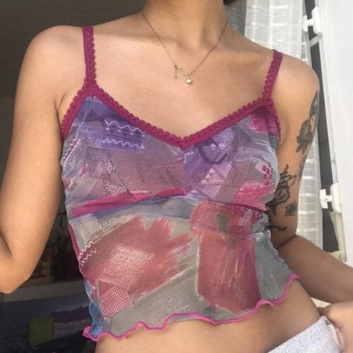 Y2K Streetwear Tie Dye Mesh Cami Tops 90s Aesthetics Lace Trim Ruffles Backless Crop Tops Sexy Summer Tanks Clubwear