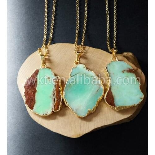 WT-N594 Wholesale Raw chrysoprase stone necklace ,WKT jewelry raw stone necklace in gold color for women jewelry making