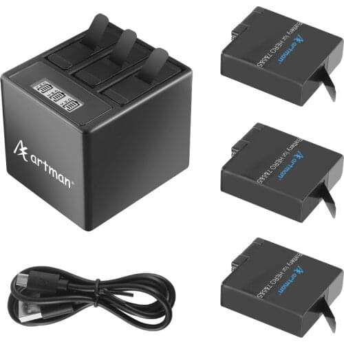 Artman Gopro 1500mAh Replacement Batteries(3-Pack) and 3-Channel LCD Charger for GoPro Hero 7/6/5 Black,Hero 2018