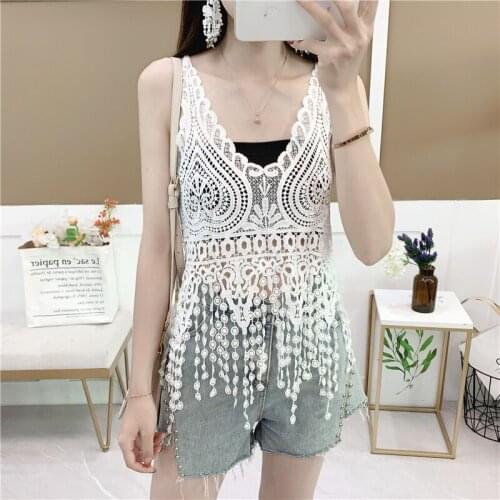 Women Tassel Blouse Shirt Femininas Summer Tops Blouses Lace Elegant Sleeveless Blusas Crochet Casual Holidays Hollow Out Women