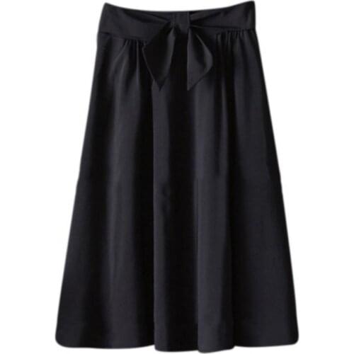65% Dropshipping!!Summer womens skirts casual solid color bow tie belt high waist pleated A-line midi skirt