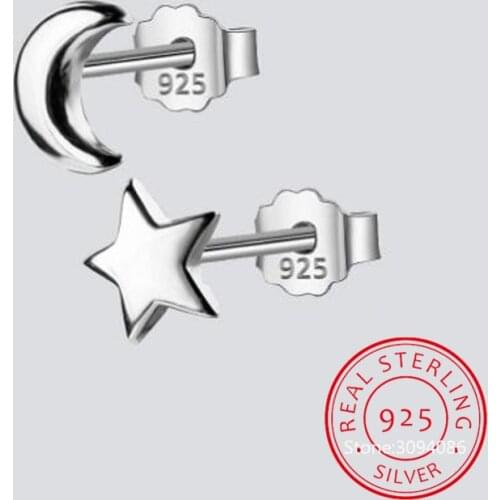 100% 925 Sterling Silver 2019 Women Jewelry Fashion Cute Tiny Asymmetric Moon Star Stud Earrings For Daughter Girls DS127