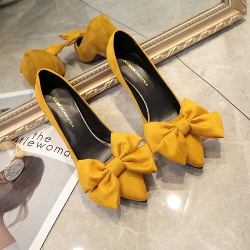 2021New Pointed-Toe Suede bow Women Shoes Slip-On Shallow low-heels Pump Fashion Sheos woman