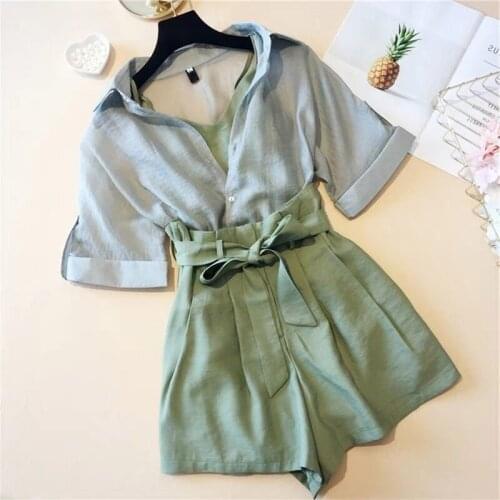 Summer Womens 3 Pieces Sets Chiffon Blouse Tank And Elastic Waist Shorts Belt Female Set 2021 Casual Lady Suit