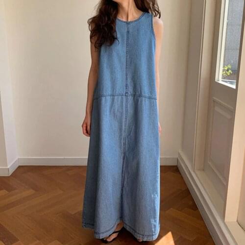 Korean Chic French Niche Round Neck Open Line Design Sense Loose Long Wash Blue Denim Vest Dress Women